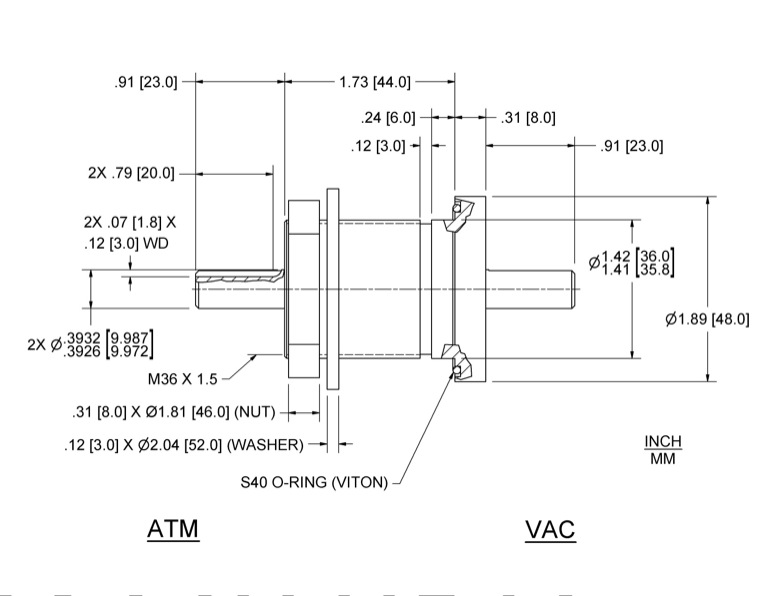 Feedthrough Model SNL-010-NN (part number 121503) dimensional specifications drawing