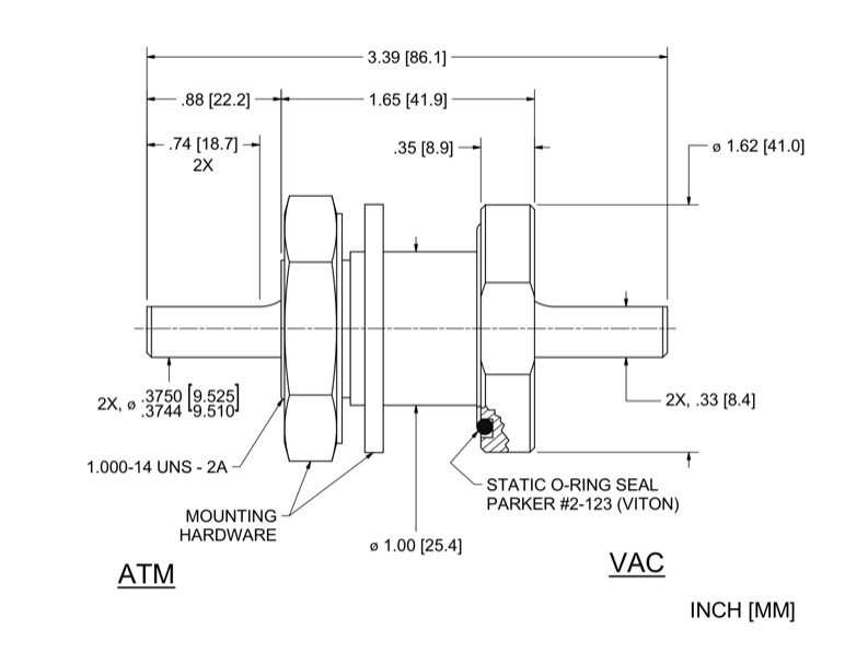Feedthrough Model SS-375-SLBE (part number 132910) dimensional specifications drawing