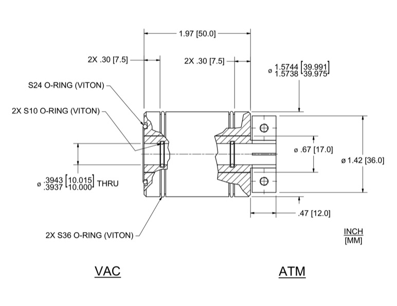 Feedthrough Model HTL-010-CN (part number 133558) dimensional specifications drawing