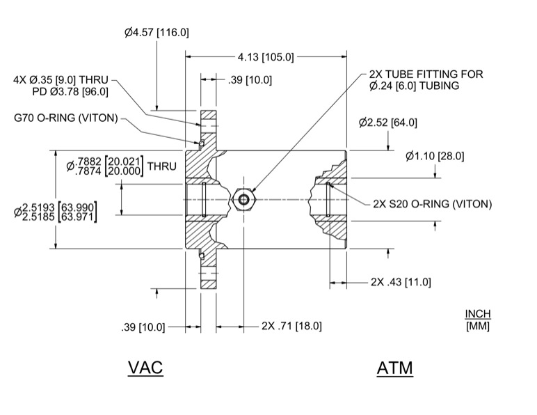 Feedthrough Model HFL-020-WN (part number 133580) dimensional specifications drawing