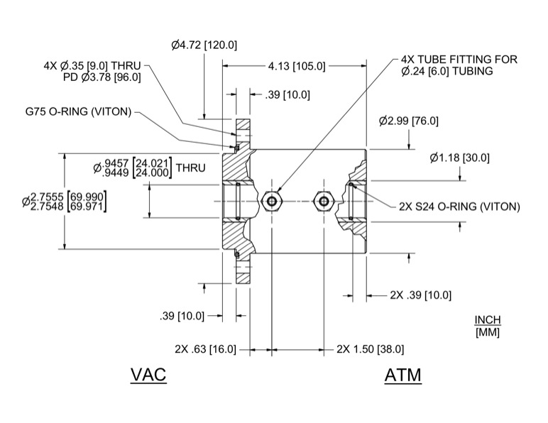 Feedthrough Model HFL-024-WN (part number 133581) dimensional specifications drawing