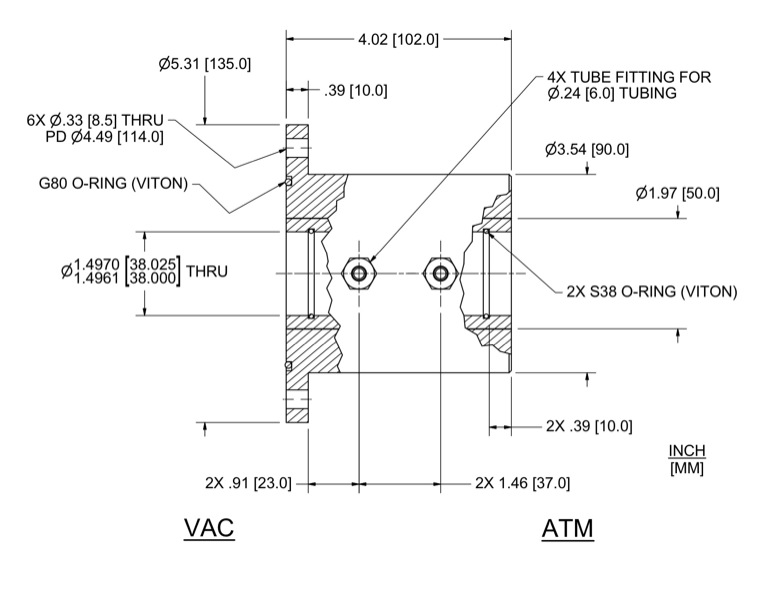 Feedthrough Model HFL-038-WN (part number 133584) dimensional specifications drawing