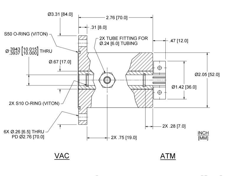 Feedthrough Model HFL-010-MN (part number 133588) dimensional specifications drawing