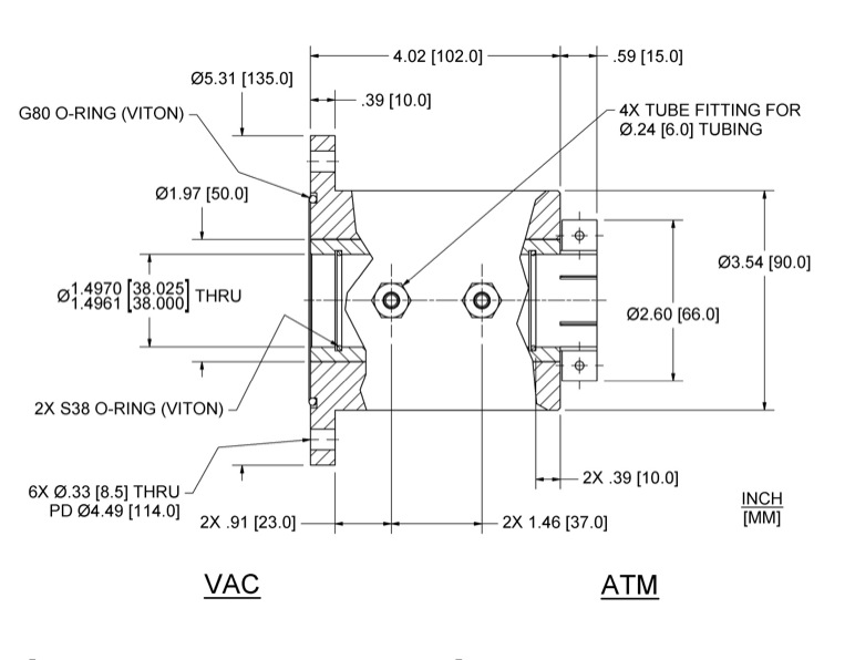 Feedthrough Model HFL-038-MN (part number 133594) dimensional specifications drawing