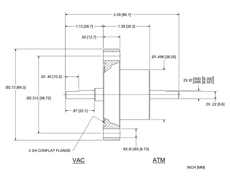 Feedthrough Model USS-250-SLCB (part number 134292) dimensional specifications drawing