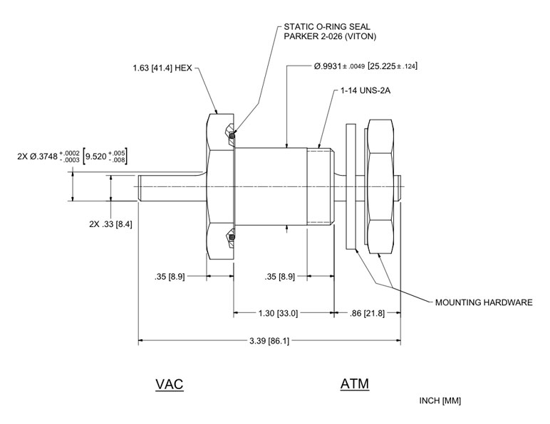 Feedthrough Model USS-375-SLBE (part number 150359) dimensional specifications drawing